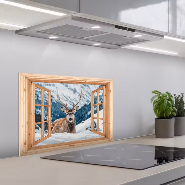 Keuken achterwand - Doorkijk - Hert - Landschap - Winter - Natuur - Dieren - Bergen — 5