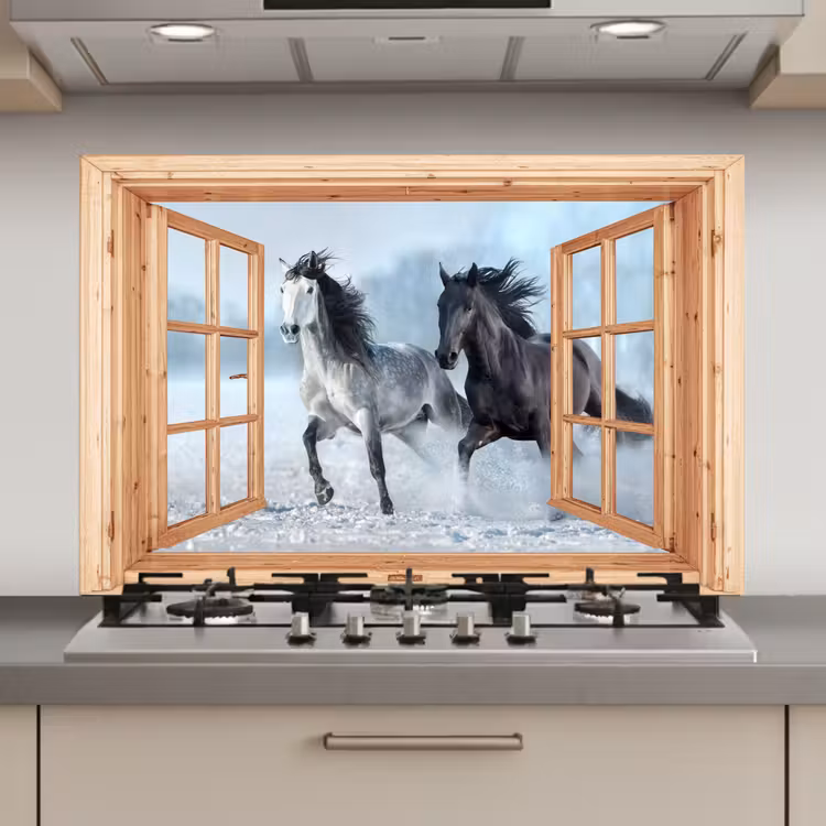 Keuken achterwand - Doorkijk - Paarden - Winter - Dieren - Natuur - Hout — 1