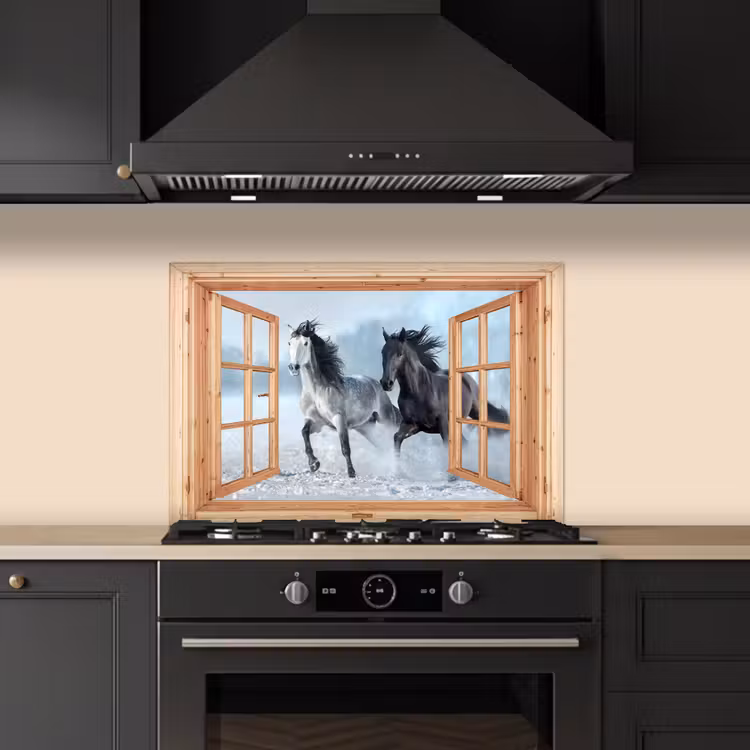 Keuken achterwand - Doorkijk - Paarden - Winter - Dieren - Natuur - Hout — 2
