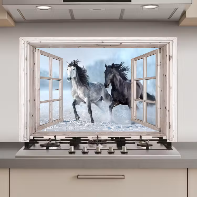 Keuken achterwand - Doorkijk - Paarden - Winter - Dieren - Natuur - Wit — 1