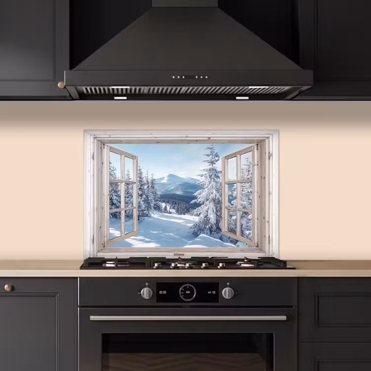 Keuken achterwand - Doorkijk - Winter - Landschap - Natuur - Berg - Bomen - Wit — 2