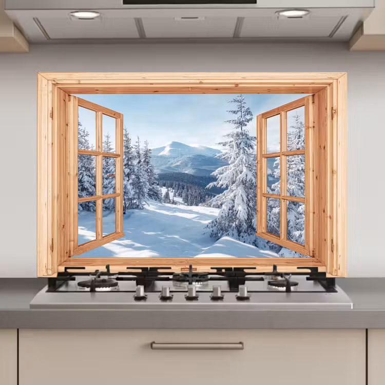 Keuken achterwand - Doorkijk - Winterlandschap - Natuur - Berg - Bomen - Hout — 1