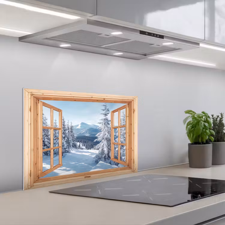 Keuken achterwand - Doorkijk - Winterlandschap - Natuur - Berg - Bomen - Hout — 5