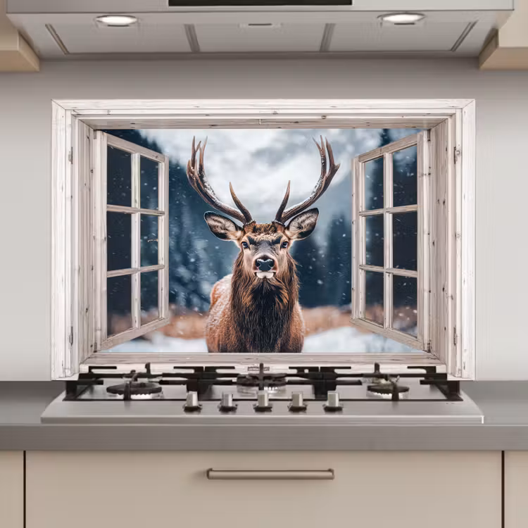 Keuken achterwand - Hert - Dieren - Landschap - Winter - Sneeuw - Doorkijk - Natuur — 1