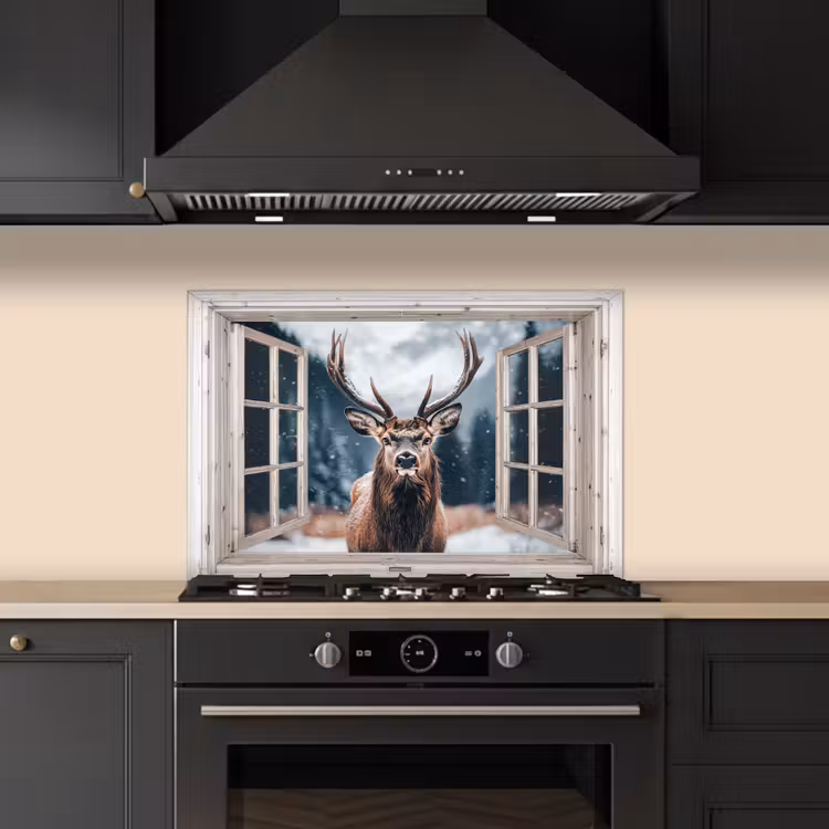 Keuken achterwand - Hert - Dieren - Landschap - Winter - Sneeuw - Doorkijk - Natuur — 2