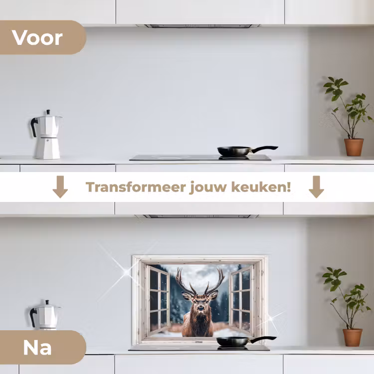 Keuken achterwand - Hert - Dieren - Landschap - Winter - Sneeuw - Doorkijk - Natuur — 3