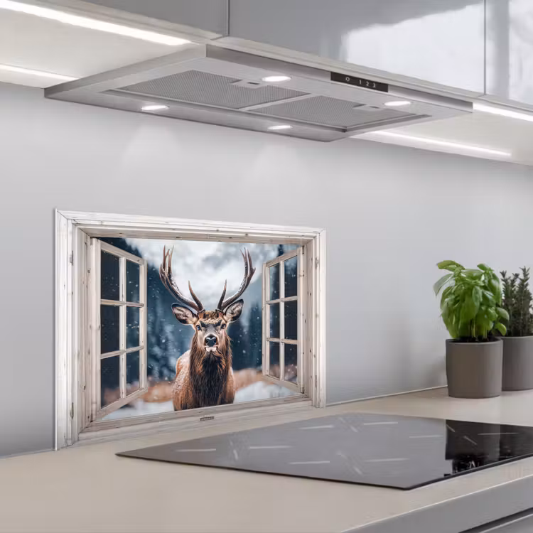Keuken achterwand - Hert - Dieren - Landschap - Winter - Sneeuw - Doorkijk - Natuur — 5