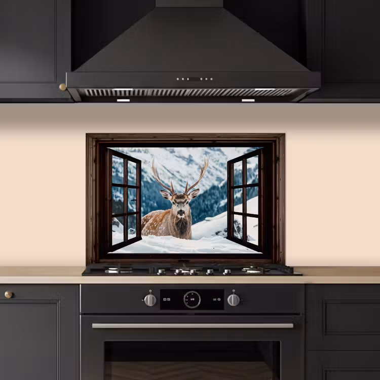 Keuken achterwand - Hert - Landschap - Winter - Natuur - Dieren - Doorkijk - Bergen — 2