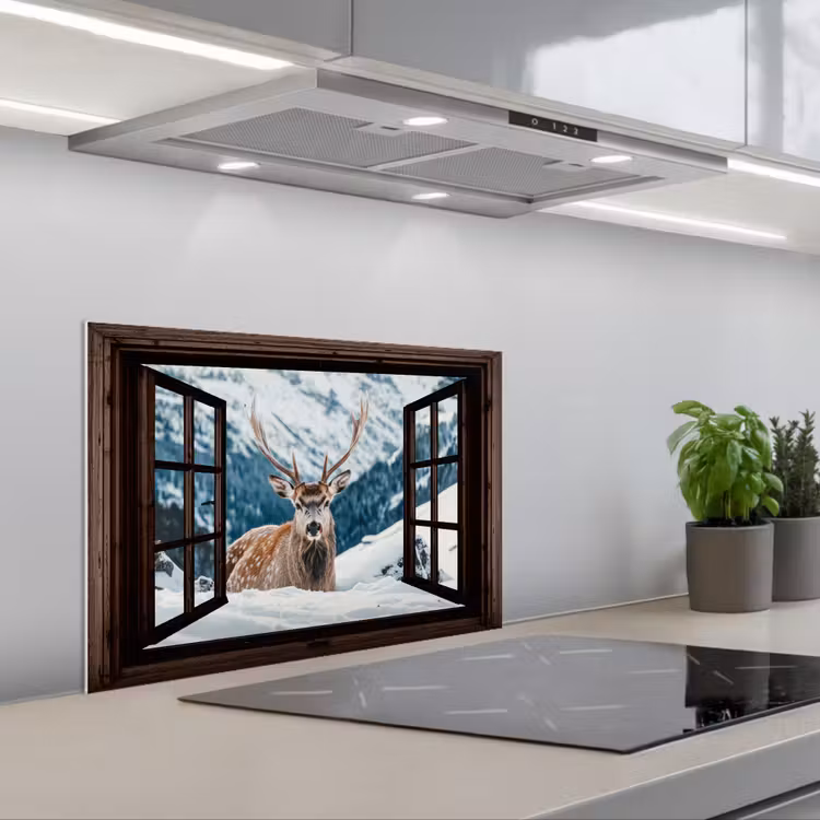 Keuken achterwand - Hert - Landschap - Winter - Natuur - Dieren - Doorkijk - Bergen — 5
