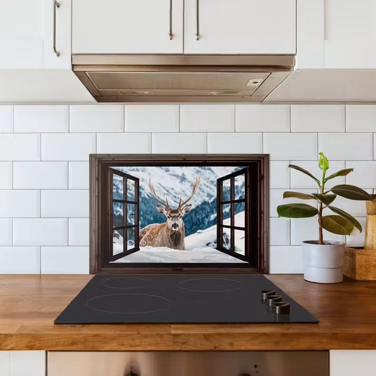 Keuken achterwand - Hert - Landschap - Winter - Natuur - Dieren - Doorkijk - Bergen — 6