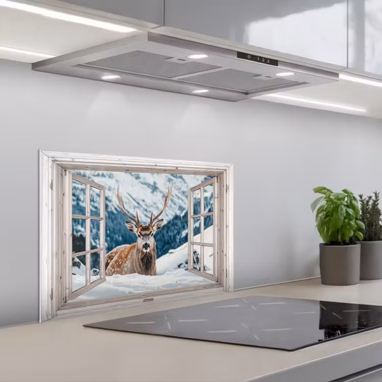 Keuken achterwand - Hert - Winterlandschap - Natuur - Dieren - Doorkijk - Bergen — 5