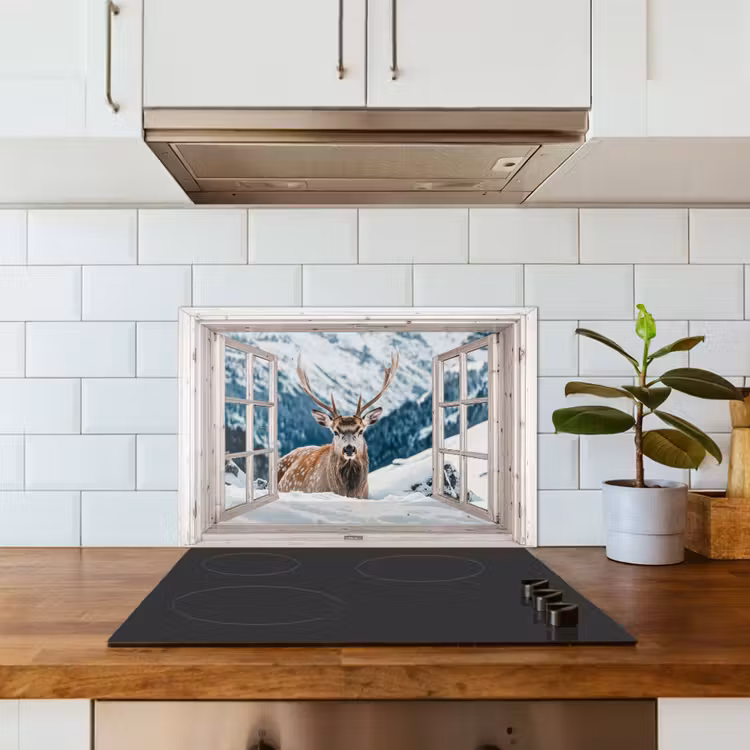 Keuken achterwand - Hert - Winterlandschap - Natuur - Dieren - Doorkijk - Bergen — 6