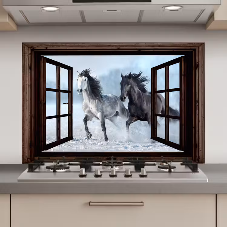 Keuken achterwand - Paarden - Winter - Dieren - Natuur - Doorkijk — 1