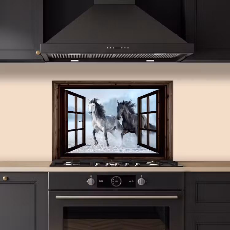 Keuken achterwand - Paarden - Winter - Dieren - Natuur - Doorkijk — 2