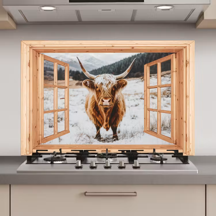 Keuken achterwand - Schotse Hooglander - Landschap - Landelijk - Bergen - Winter - Doorkijk — 1