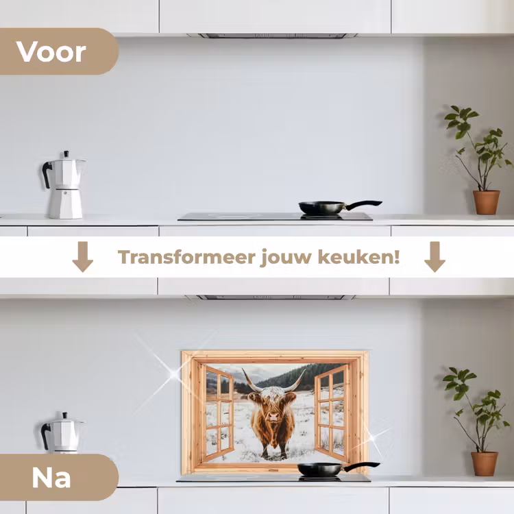 Keuken achterwand - Schotse Hooglander - Landschap - Landelijk - Bergen - Winter - Doorkijk — 3