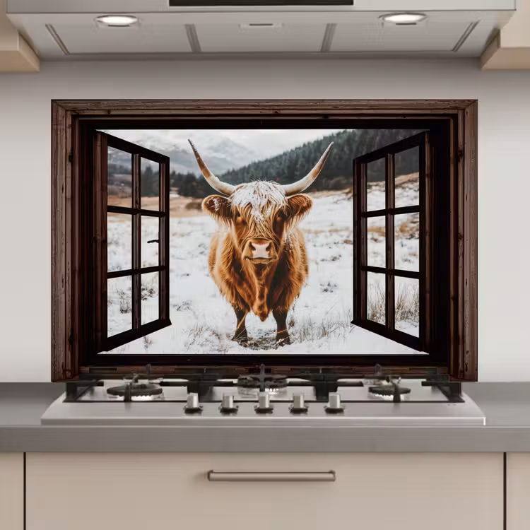 Keuken achterwand - Schotse Hooglander - Landschap - Landelijk - Bergen - Winter - Doorkijk - Donker — 1