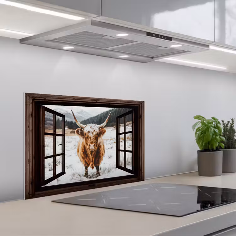 Keuken achterwand - Schotse Hooglander - Landschap - Landelijk - Bergen - Winter - Doorkijk - Donker — 5