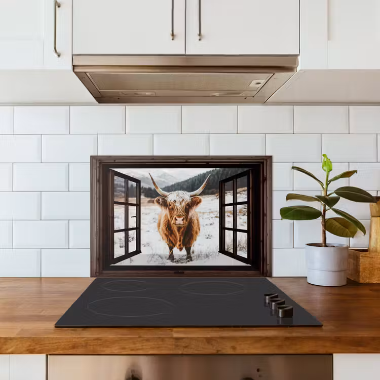 Keuken achterwand - Schotse Hooglander - Landschap - Landelijk - Bergen - Winter - Doorkijk - Donker — 6
