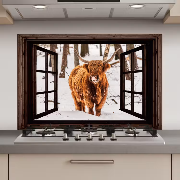 Keuken achterwand - Schotse Hooglander - Sneeuw - Natuur - Dieren - Doorkijk - Winter — 1