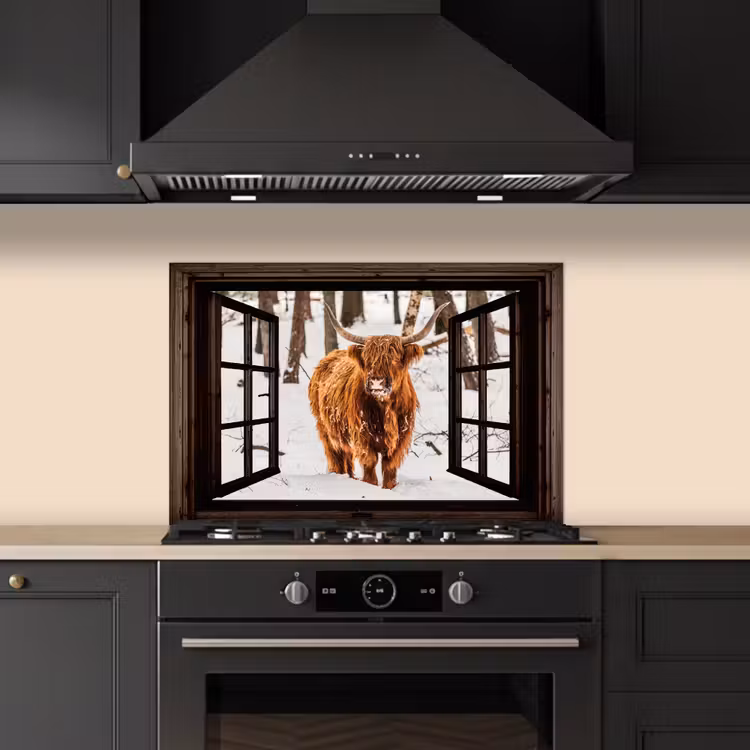 Keuken achterwand - Schotse Hooglander - Sneeuw - Natuur - Dieren - Doorkijk - Winter — 2