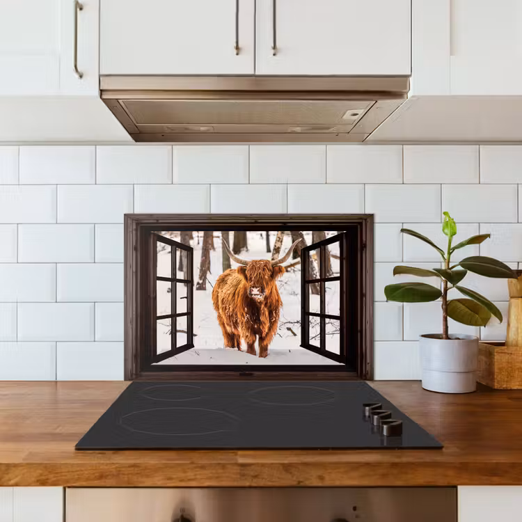 Keuken achterwand - Schotse Hooglander - Sneeuw - Natuur - Dieren - Doorkijk - Winter — 6