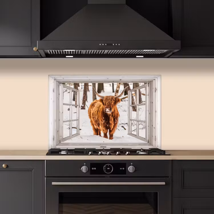 Keuken achterwand - Schotse Hooglander - Sneeuw - Winter - Natuur - Dier - Doorkijk - Landelijk — 2