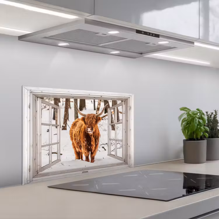 Keuken achterwand - Schotse Hooglander - Sneeuw - Winter - Natuur - Dier - Doorkijk - Landelijk — 5