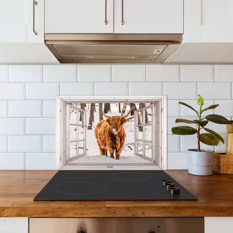 Keuken achterwand - Schotse Hooglander - Sneeuw - Winter - Natuur - Dier - Doorkijk - Landelijk — 6