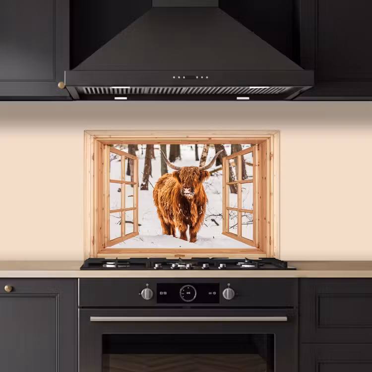 Keuken achterwand - Schotse Hooglander - Winter - Landschap - Natuur - Dieren - Doorkijk — 2