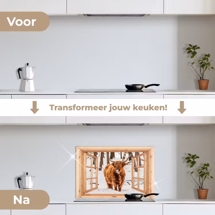 Keuken achterwand - Schotse Hooglander - Winter - Landschap - Natuur - Dieren - Doorkijk — 3