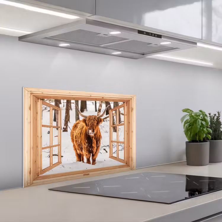 Keuken achterwand - Schotse Hooglander - Winter - Landschap - Natuur - Dieren - Doorkijk — 5