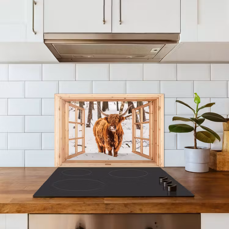 Keuken achterwand - Schotse Hooglander - Winter - Landschap - Natuur - Dieren - Doorkijk — 6