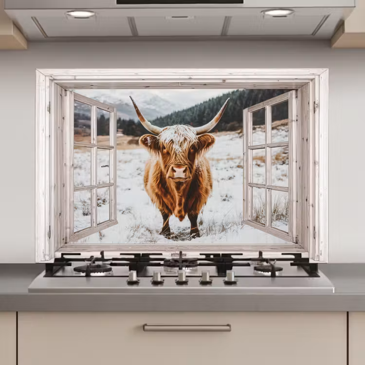 Keuken achterwand - Schotse Hooglander - Winterlandschap - Landelijk - Bergen - Doorkijk — 1
