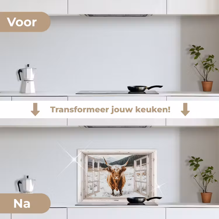 Keuken achterwand - Schotse Hooglander - Winterlandschap - Landelijk - Bergen - Doorkijk — 3