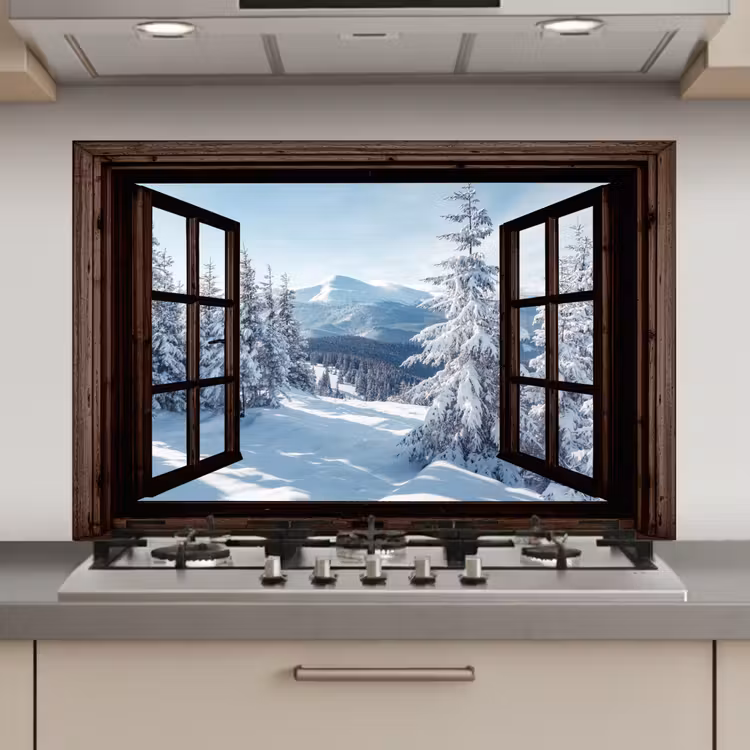 Keuken achterwand - Winter - Landschap - Natuur - Berg - Bomen - Doorkijk - Uitzicht — 1