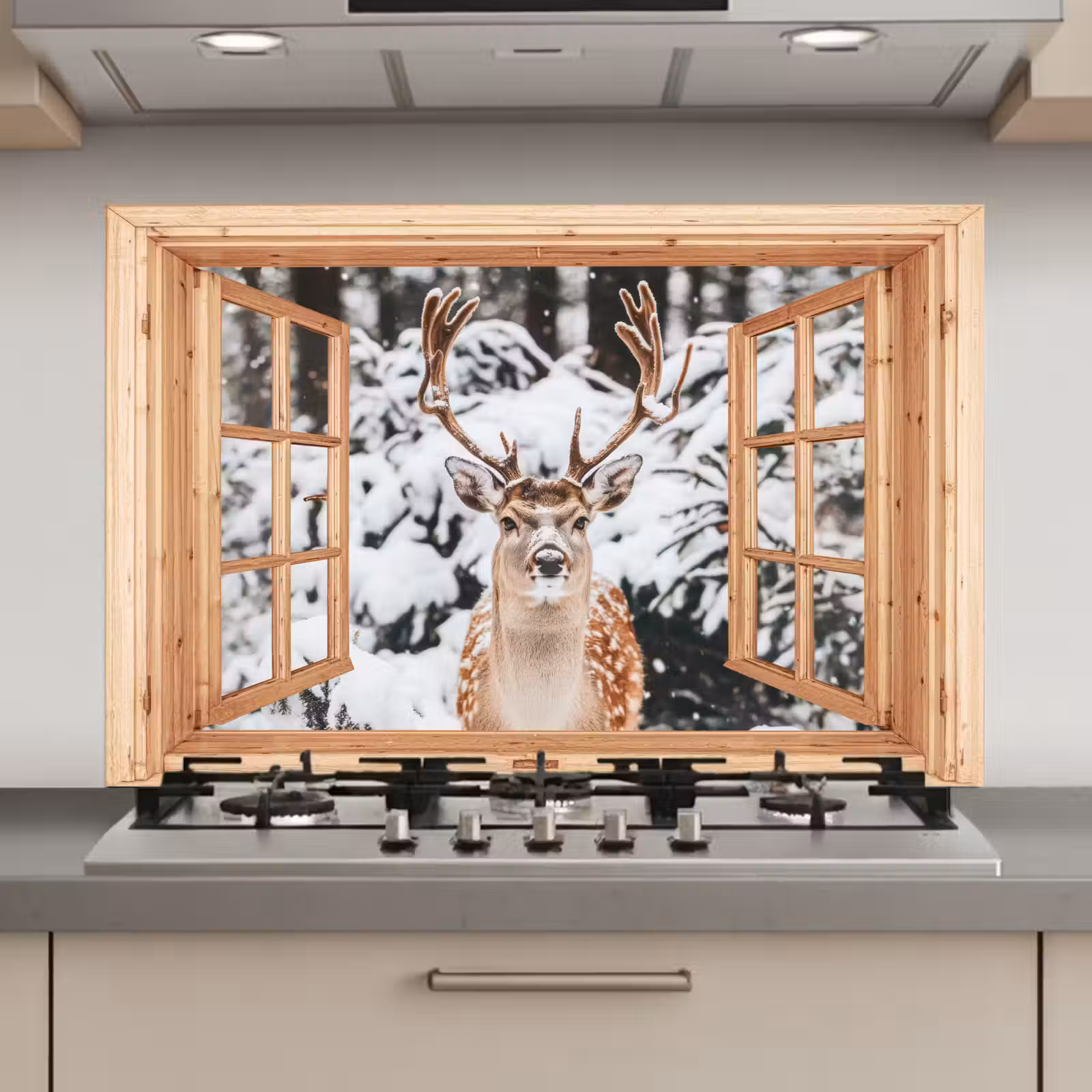 Keuken achterwand - Doorkijk - Hert - Sneeuw - Winter - Bos - Dieren — 1