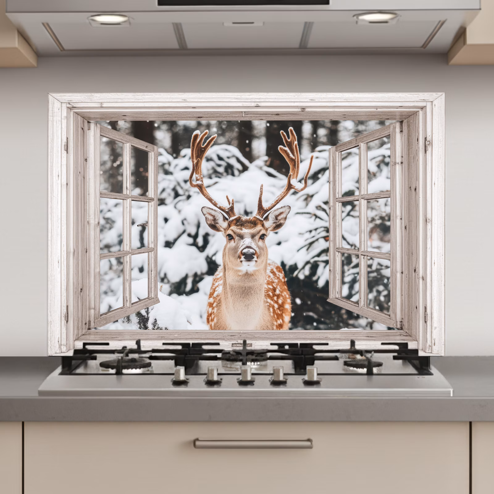 Keuken achterwand - Doorkijk - Hert - Sneeuw - Winter - Bos - Dieren - Natuur — 1