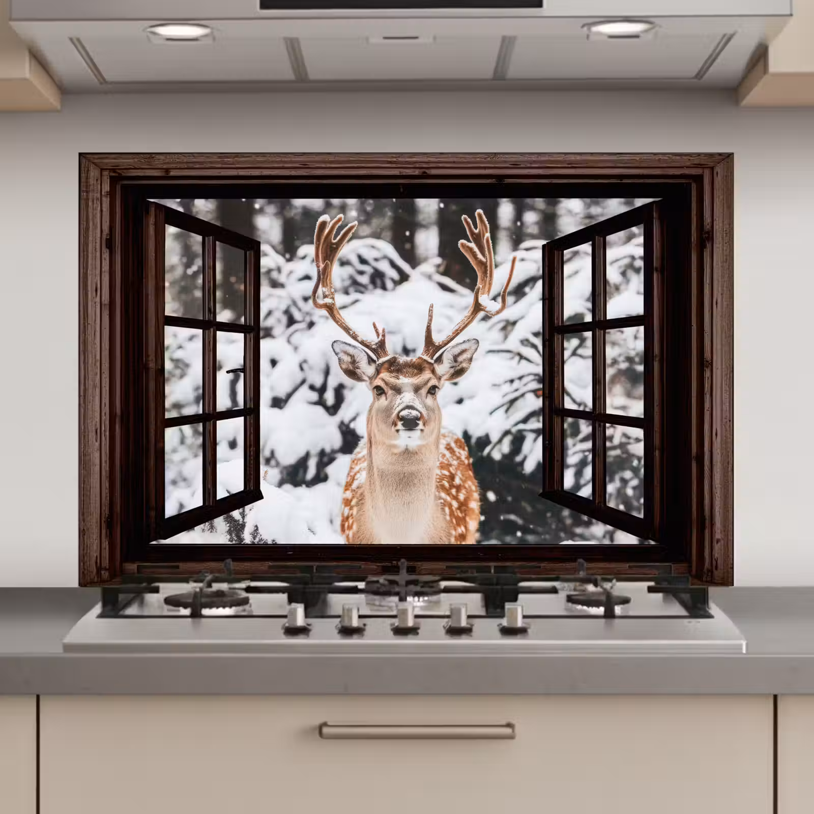 Keuken achterwand - Hert - Sneeuw - Winter - Bos - Dieren - Doorkijk — 1