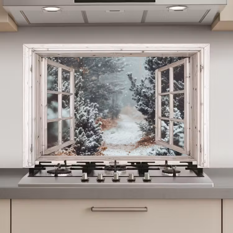 Keuken achterwand - Bos - Winter - Bomen - Natuur - Pad - Doorkijk - Wit — 1