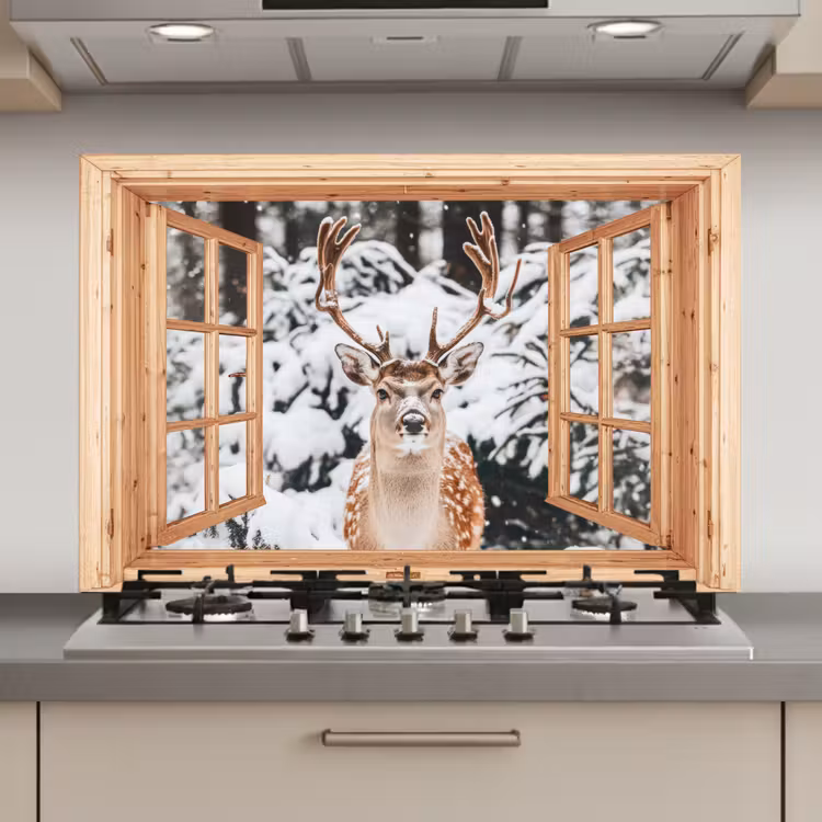 Keuken achterwand - Doorkijk - Hert - Sneeuw - Winter - Bos - Dieren — 1