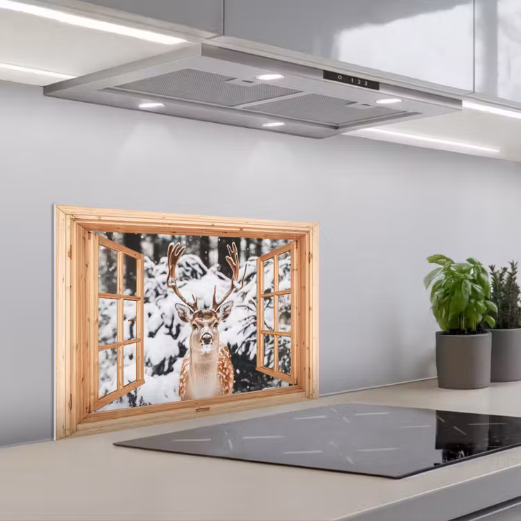 Keuken achterwand - Doorkijk - Hert - Sneeuw - Winter - Bos - Dieren — 5