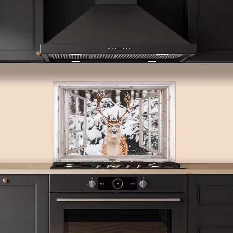 Keuken achterwand - Doorkijk - Hert - Sneeuw - Winter - Bos - Dieren - Natuur — 2