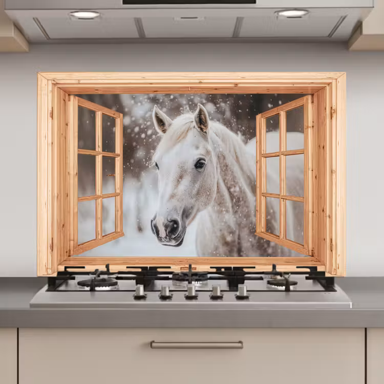 Keuken achterwand - Doorkijk - Paard - Wit - Winter - Sneeuw - Dieren — 1