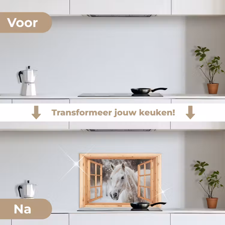 Keuken achterwand - Doorkijk - Paard - Wit - Winter - Sneeuw - Dieren — 3