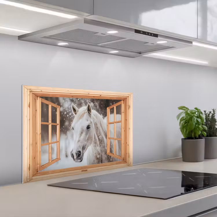 Keuken achterwand - Doorkijk - Paard - Wit - Winter - Sneeuw - Dieren — 5