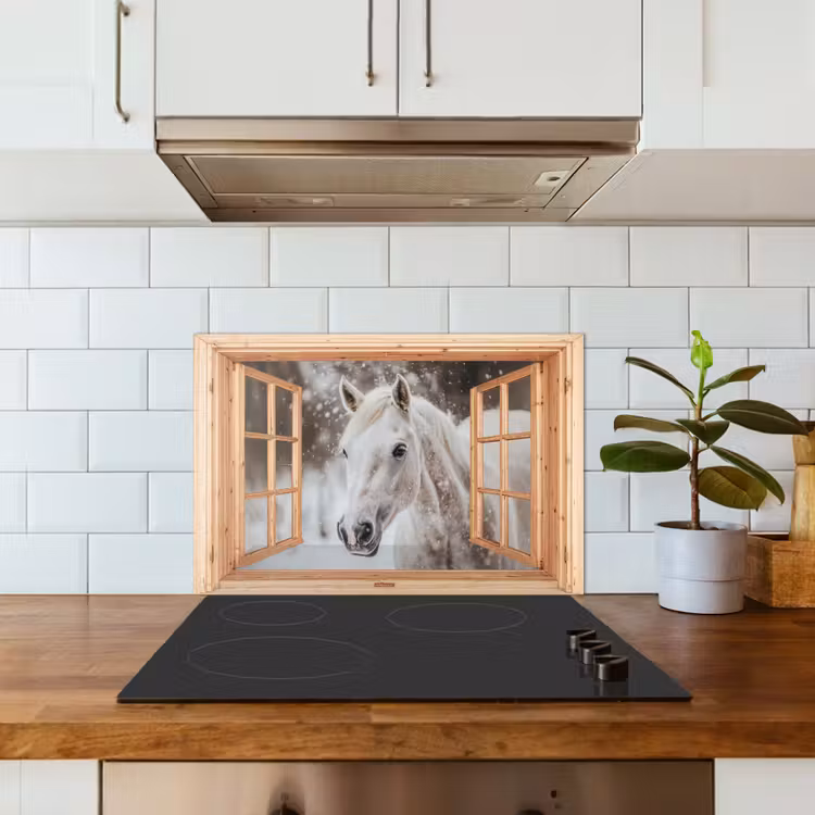 Keuken achterwand - Doorkijk - Paard - Wit - Winter - Sneeuw - Dieren — 6