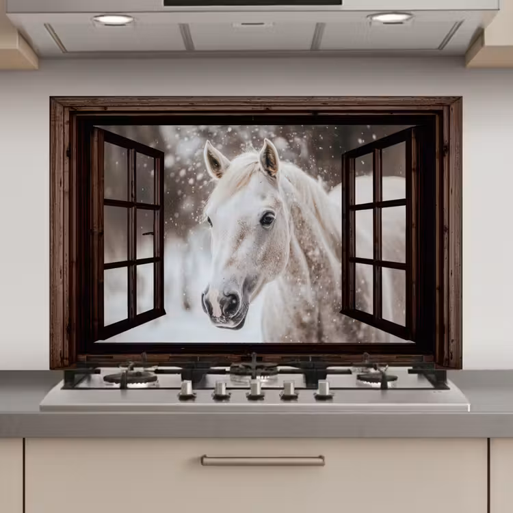 Keuken achterwand - Doorkijk - Paard - Wit - Winterlandschap - Sneeuw — 1