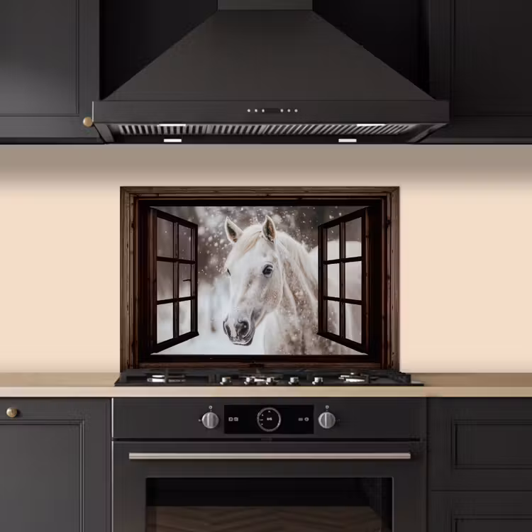 Keuken achterwand - Doorkijk - Paard - Wit - Winterlandschap - Sneeuw — 2
