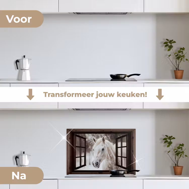 Keuken achterwand - Doorkijk - Paard - Wit - Winterlandschap - Sneeuw — 3